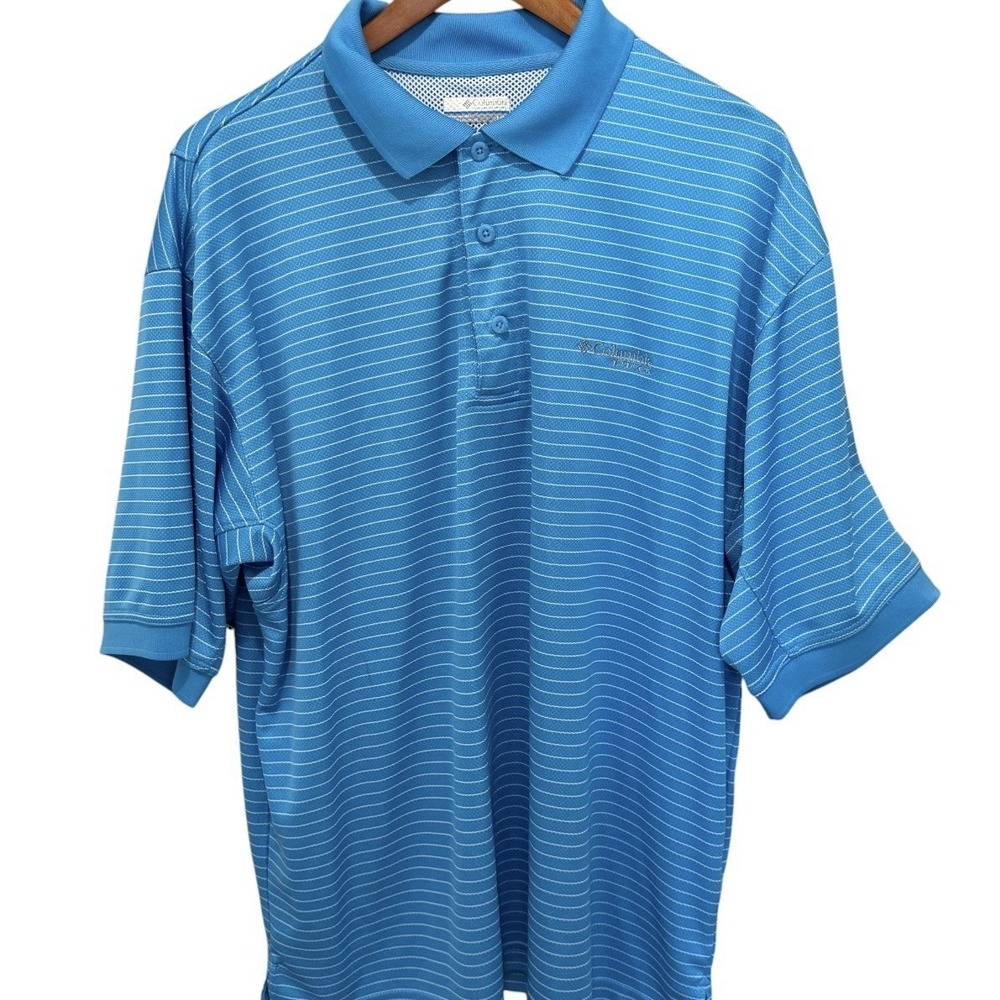 Columbia PFG Polo Shirt Mens L Blue Striped Omni Wick Fishing Golf Short Sleeve